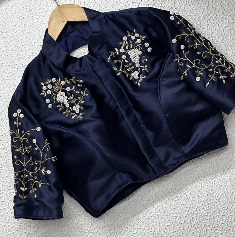 Women's Navy Blue Colour Pure Silk Readymade Blouse Embellished Collar Blouse