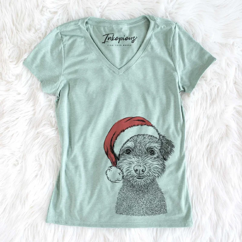 Santa Pretzel the Schnoodle - Women's V-neck Shirt-- Hooded Caped Shawl Collar