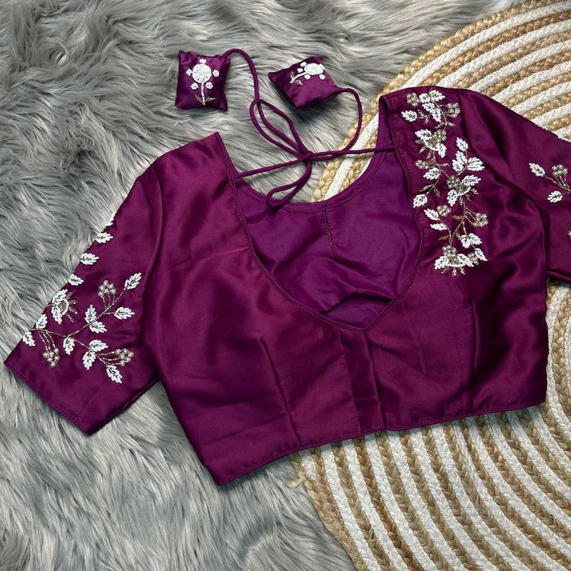 Women's Purple Colour Pure Silk Readymade Blouse High Neck Blouse