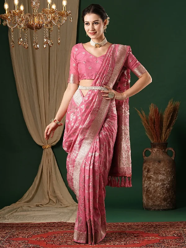Women's Georgette Pink Woven Design Designer Saree With Blouse Piece Pastel Color Blouse