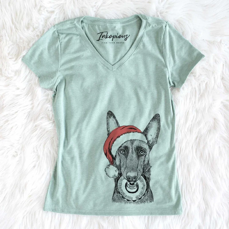 Santa Juno the Belgian Malinois - Women's V-neck Shirt-- Fitted T-Shirt Seamless Stretchy Santa Juno the Belgian Malinois - Women's V-neck Shirt-- Fitted T-Shirt Seamless Stretchy