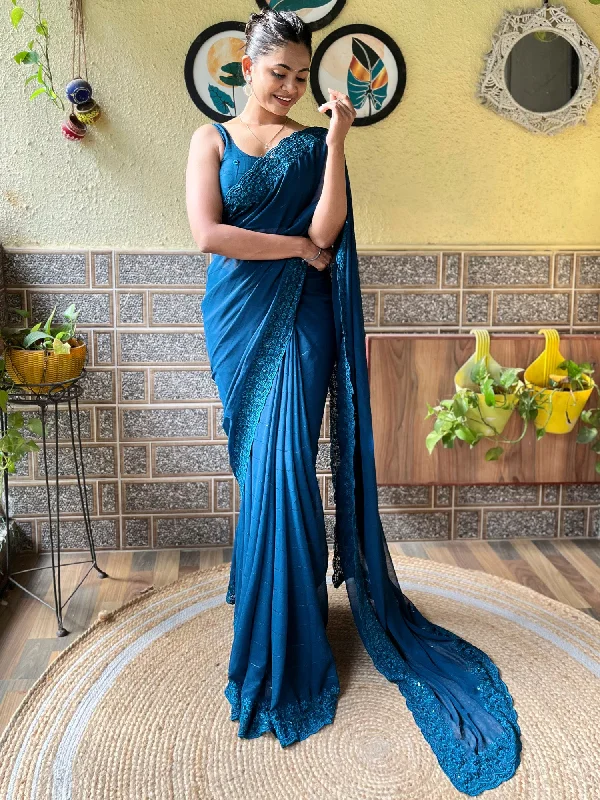 Women's Georgette Teal blue Embroidered Designer Saree With Blouse Piece Slim Fit Blouse