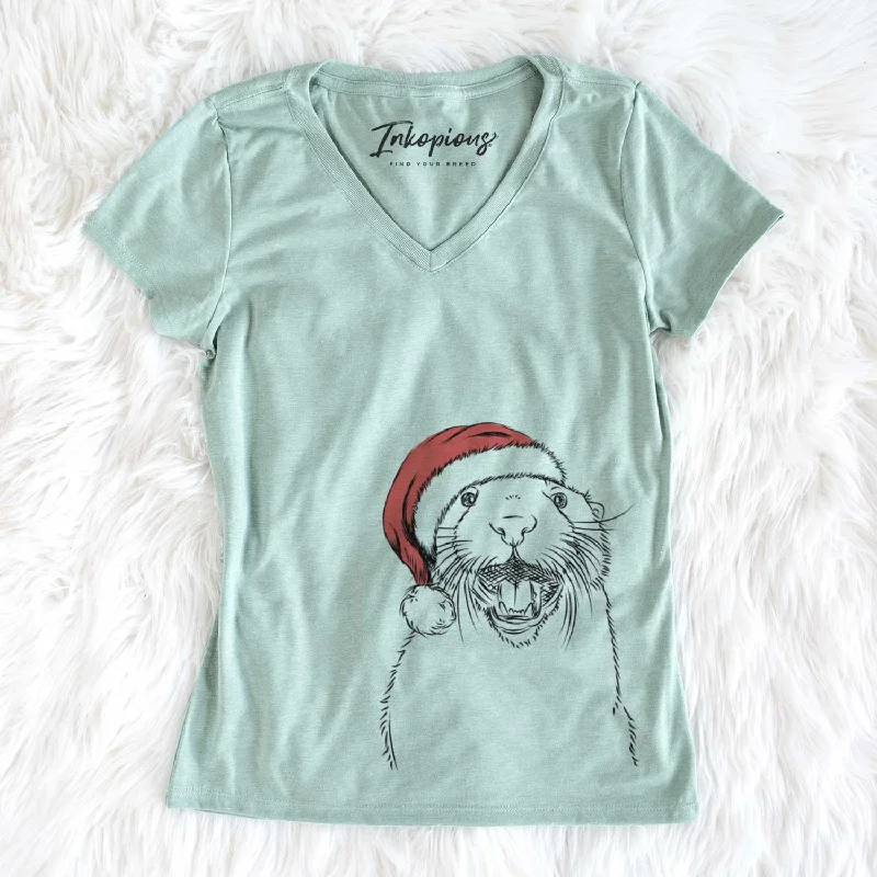 Santa Jasper the River Otter - Women's V-neck Shirt-- Elegant Classic Vintage