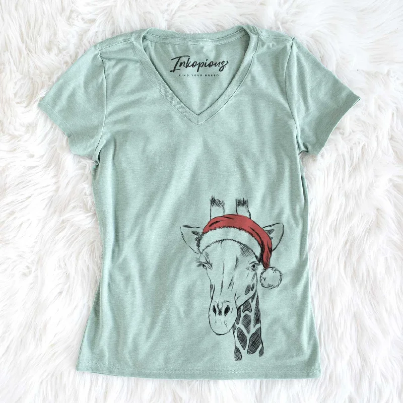 Santa Geoffrey the Giraffe - Women's V-neck Shirt-- Oversized T-Shirt Spandex breathable
