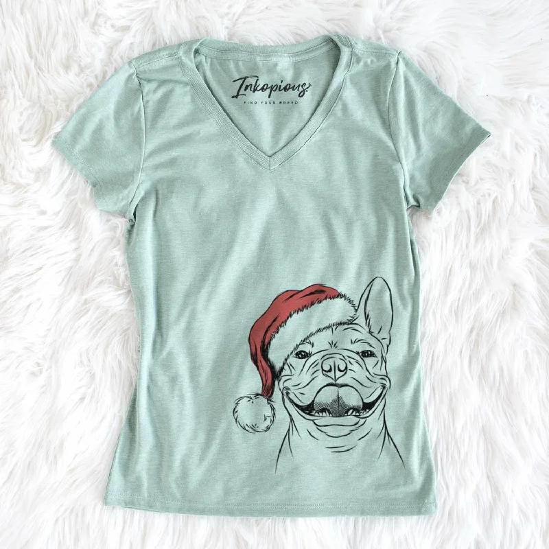 Santa Gaston the French Bulldog - Women's V-neck Shirt-- Ribbed T-Shirt High Neck Heavyweight
