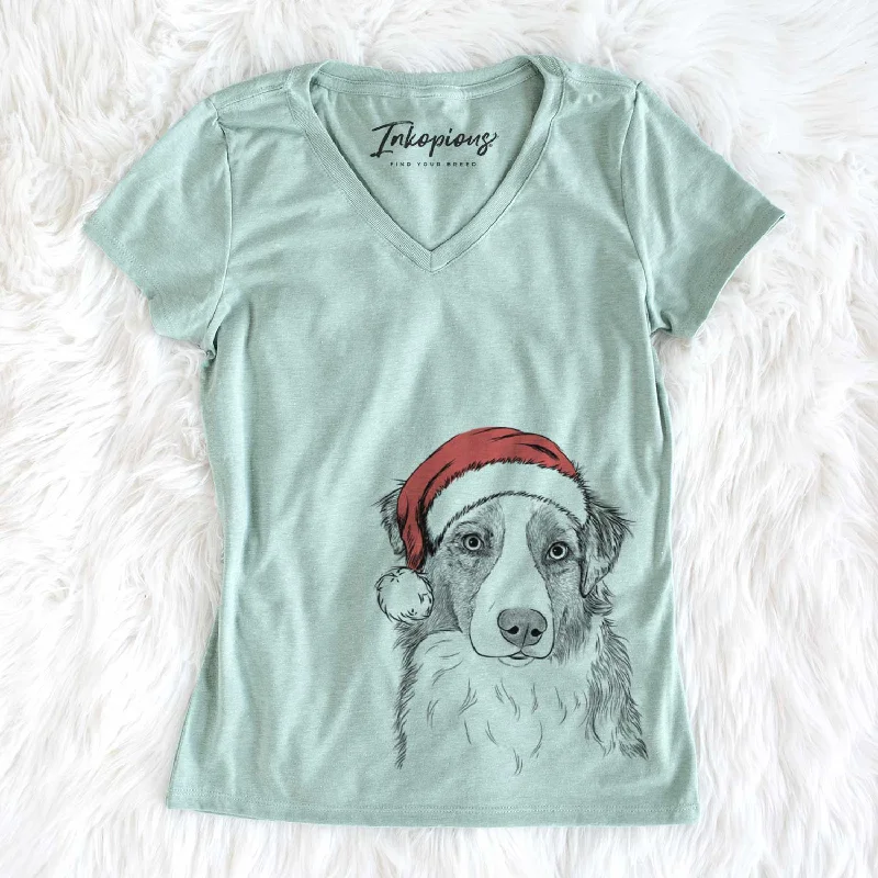 Santa Ginger the Australian Shepherd - Women's V-neck Shirt-- Hooded Caped Shawl Collar