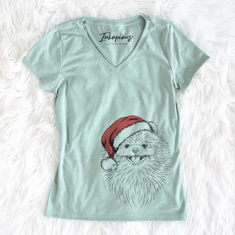 Santa Pirro the Pomeranian - Women's V-neck Shirt-- Cotton Fabric Linen Fabric Terry Fabric Santa Pirro the Pomeranian - Women's V-neck Shirt-- Cotton Fabric Linen Fabric Terry Fabric