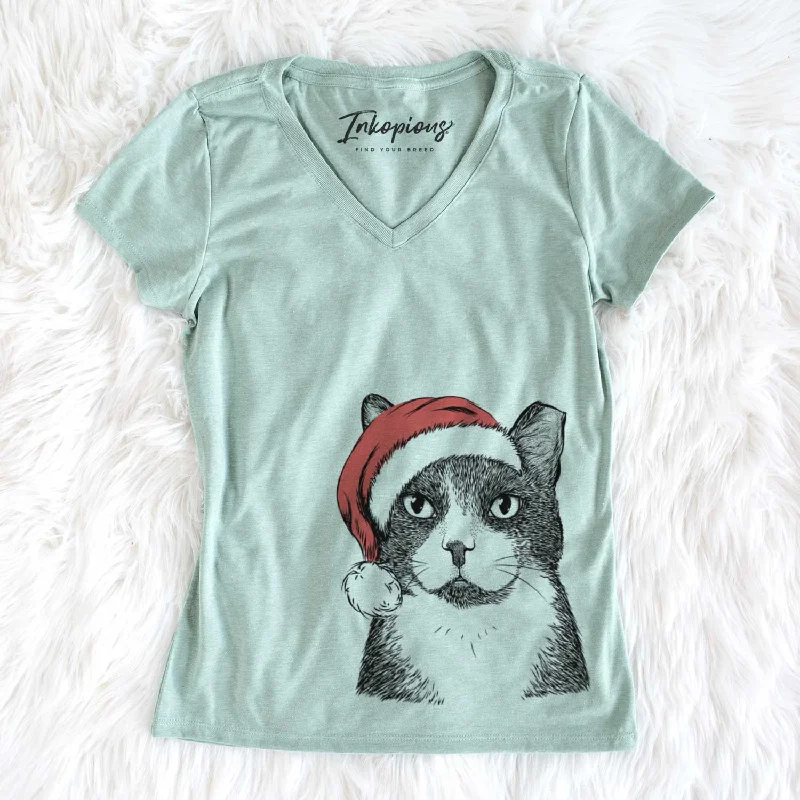 Santa Pinky the Tuxedo Cat - Women's V-neck Shirt-- Satin Blend Silk Blend Wool Blend Santa Pinky the Tuxedo Cat - Women's V-neck Shirt-- Satin Blend Silk Blend Wool Blend