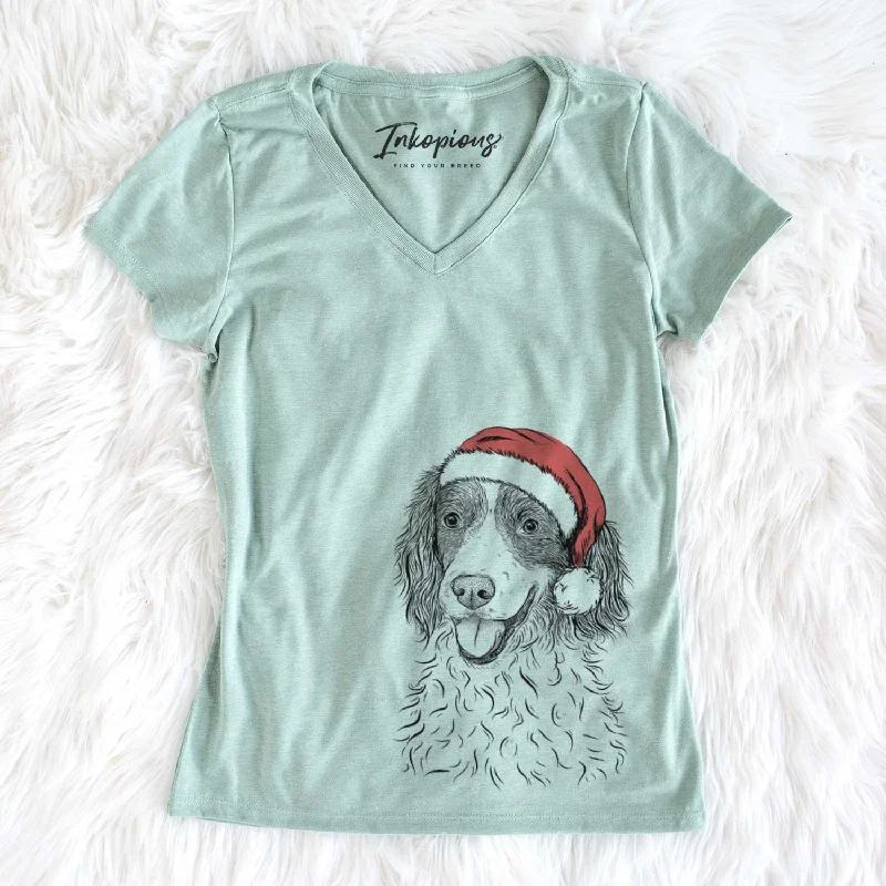 Santa Maggie the Springer Spaniel - Women's V-neck Shirt-- Satin Blend Silk Blend Wool Blend