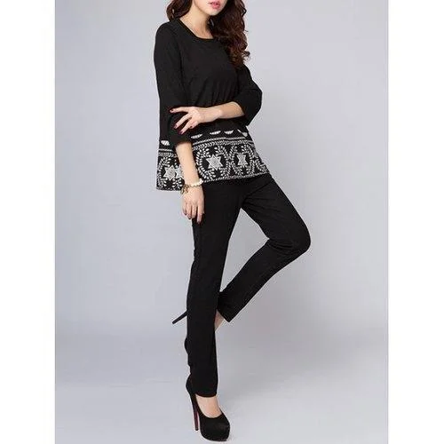 Pants with Print T-Shirt - Black L-- Seamless Knitted Crochet