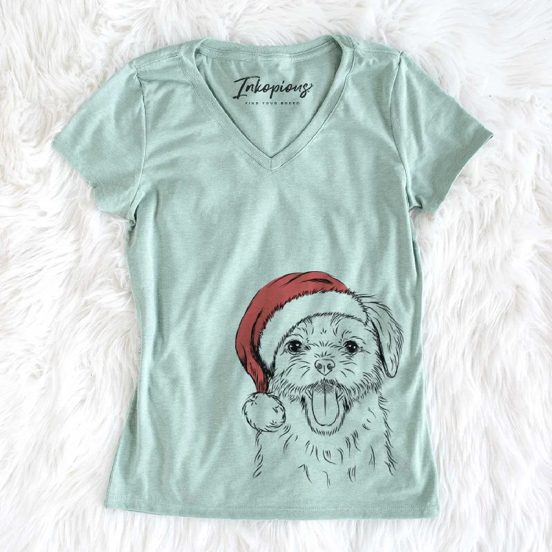 Santa Gizmo the Maltese - Women's V-neck Shirt-- Houndstooth Herringbone Solid