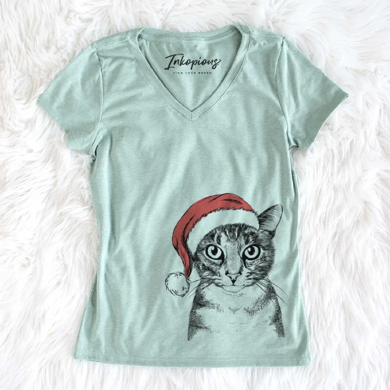 Santa Hobbes the Tabby Cat - Women's V-neck Shirt-- Mesh Blend Leather Blend Suede Blend Santa Hobbes the Tabby Cat - Women's V-neck Shirt-- Mesh Blend Leather Blend Suede Blend