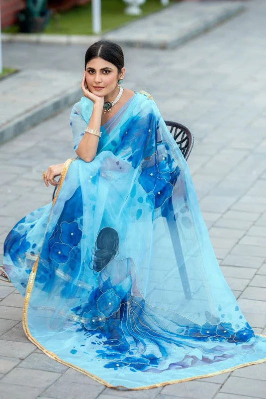 Women's Organza Digital print Hand Work Sky Saree With Blouse Piece Soft Pastel Blouse