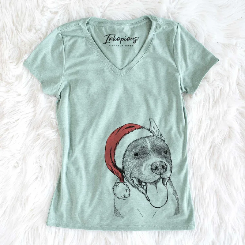 Santa Piggy the American Staffordshire Terrier - Women's V-neck Shirt-- Polka Dot Checkered Tartan