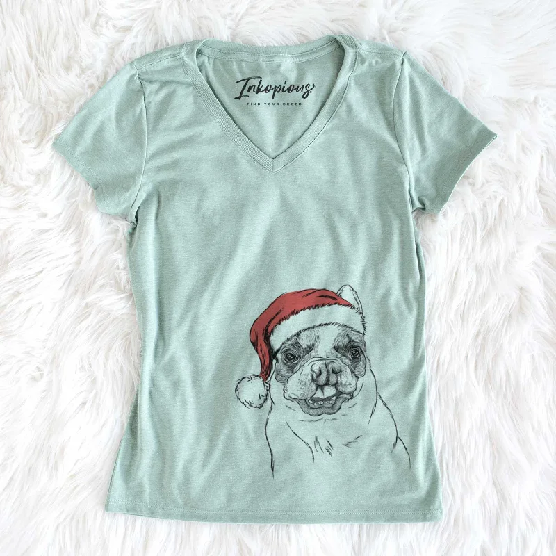 Santa Lentil the French Bulldog - Women's V-neck Shirt-- Striped Floral Plaid