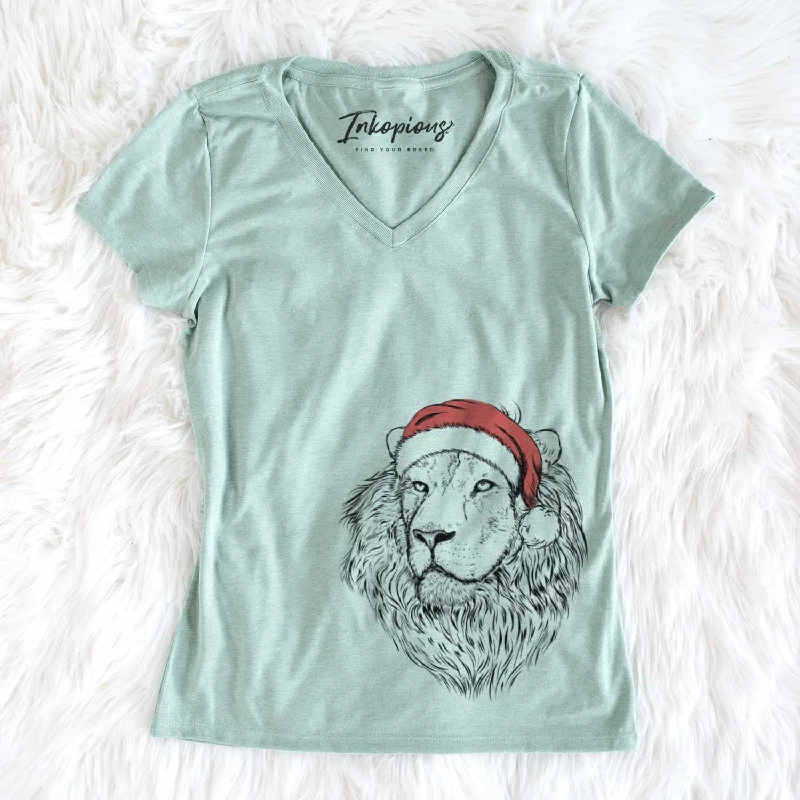 Santa Lenny the Lion - Women's V-neck Shirt-- Houndstooth Herringbone Solid