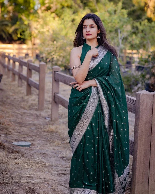 Women Banarasi Silk Woven Saree With Blouse Piece Balloon Sleeve Blouse