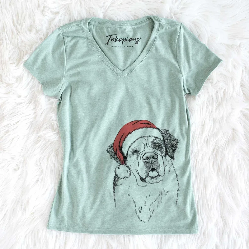 Santa Hook the Saint Bernard - Women's V-neck Shirt-- Silk Blend Satin Velvet