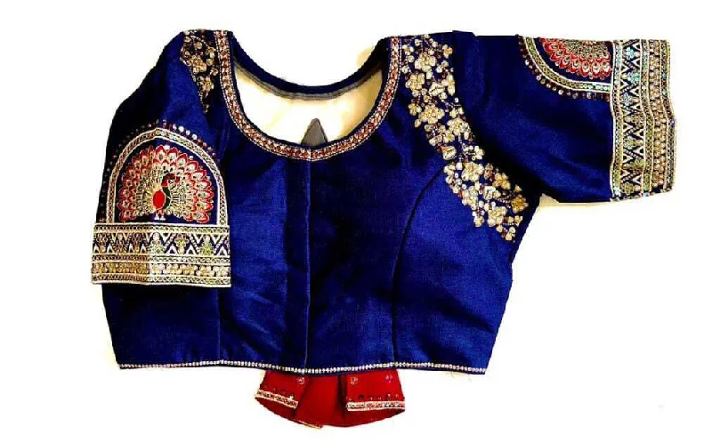 Women's Blue Colour Shining silk Readymade Blouse Double Button Blouse