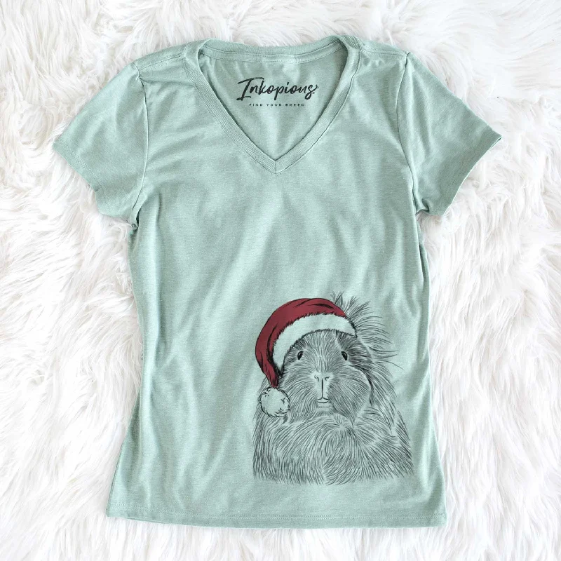 Santa Rhino the Guinea Pig - Women's V-neck Shirt-- Solid Color Striped Floral