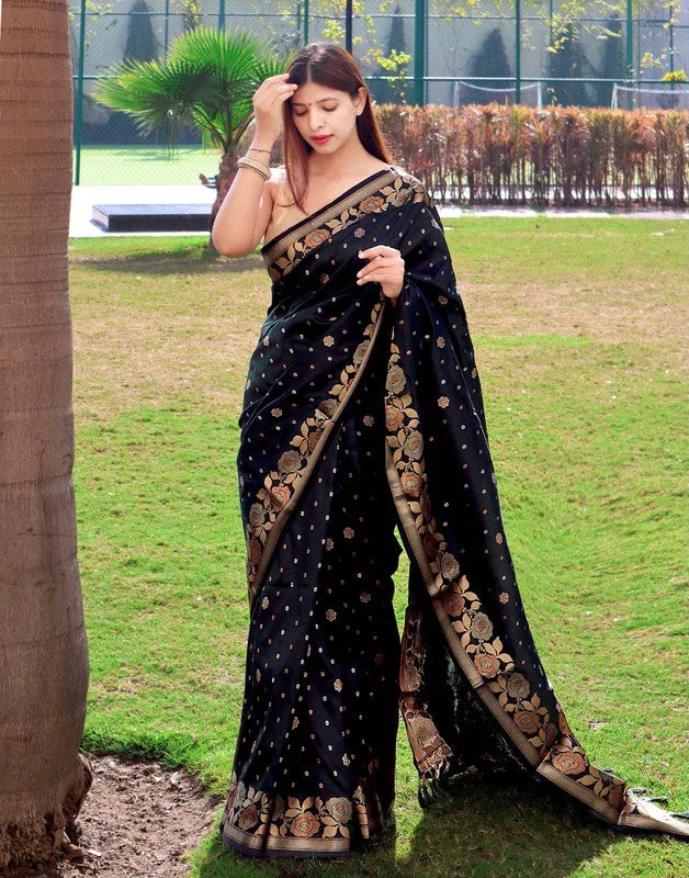 Women Banarasi Silk Woven Saree With Blouse Piece Sheer Sleeve Blouse