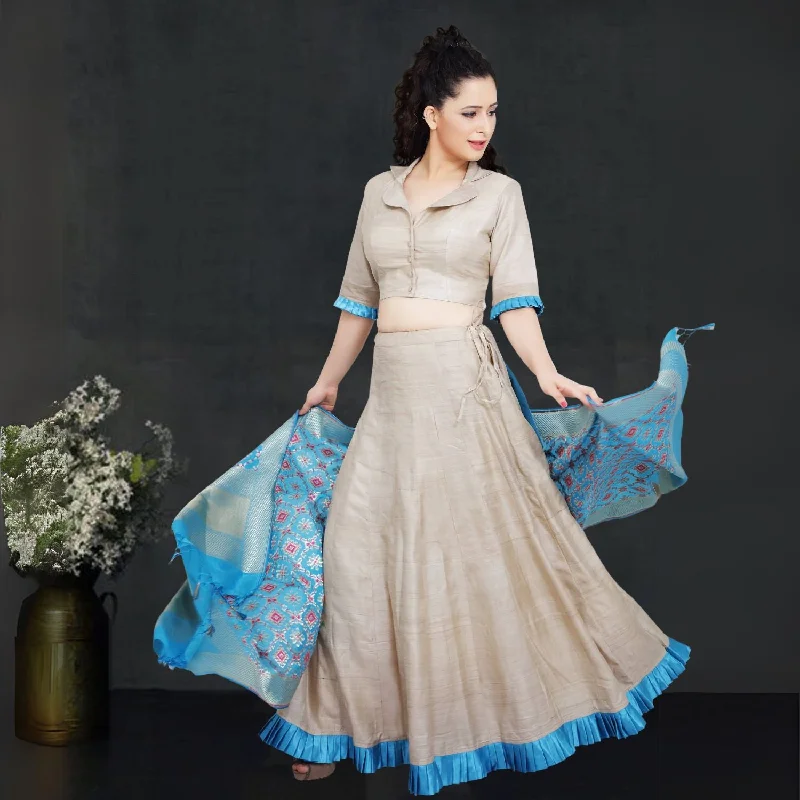 Megan Desi Tussar Silk Lehenga Set | Backless Blouse | Beige & Cobalt Blue Satin Drape Blouse