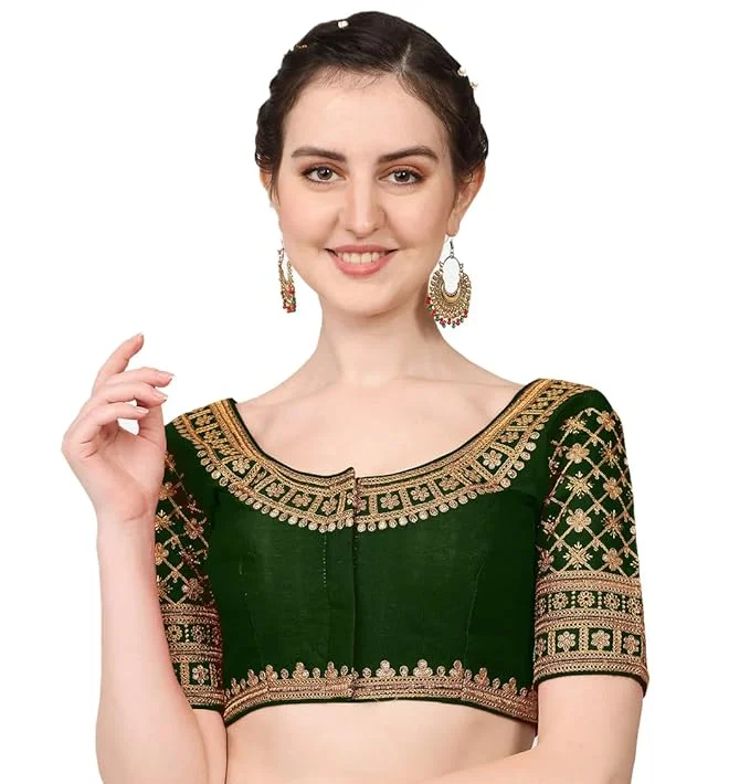 Women's Dark Green Silk Readymade Blouse Wrap Front Blouse