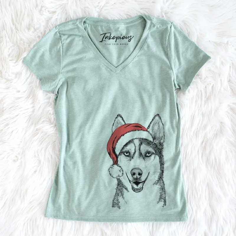 Santa Kira the Siberian Husky - Women's V-neck Shirt-- Lace Blend Ribbed Blend Corduroy Blend Santa Kira the Siberian Husky - Women's V-neck Shirt-- Lace Blend Ribbed Blend Corduroy Blend