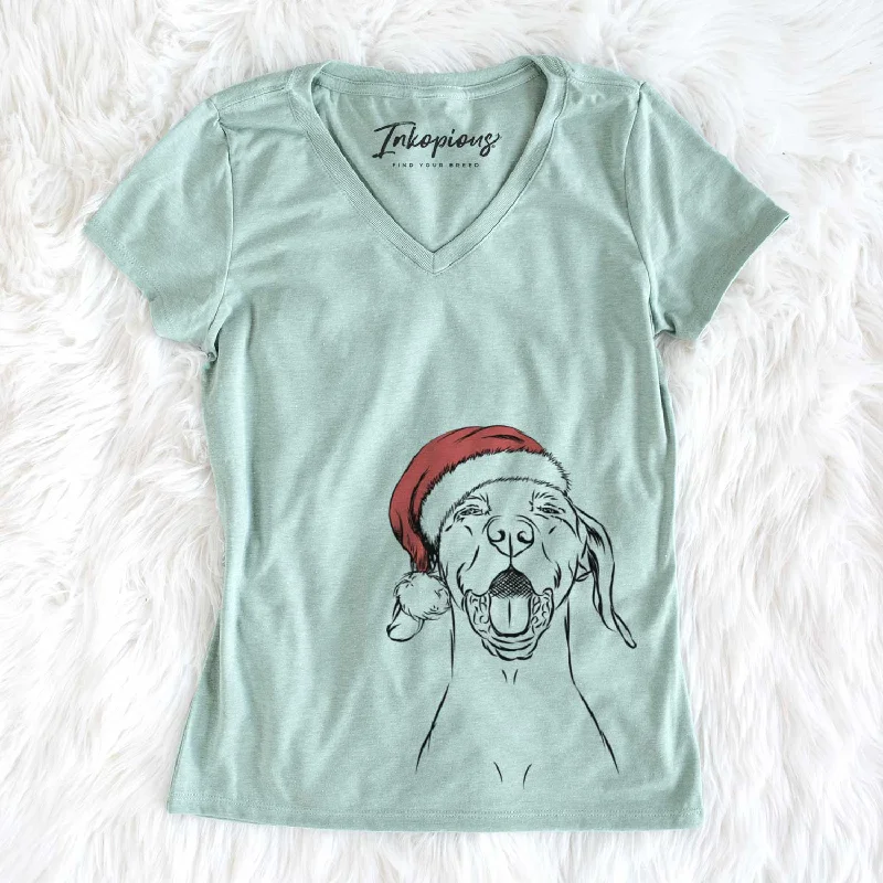 Santa Ollie the Vizsla - Women's V-neck Shirt-- Hooded Caped Shawl Collar