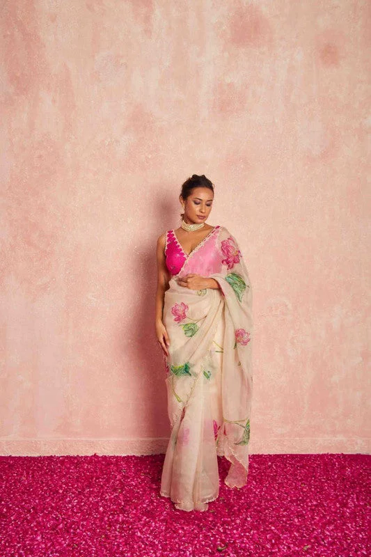 Women's Organza Digital print Hand Work Beige Saree With Blouse Piece Lightweight Floral Blouse
