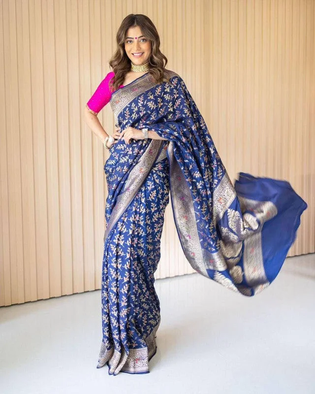 Women Banarasi Silk Woven Saree With Blouse Piece Feminine Pastel Blouse