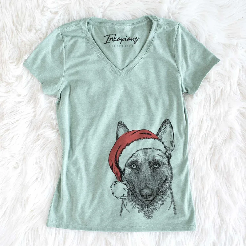 Santa Gunther the Belgian Malinois - Women's V-neck Shirt-- Mesh Fabric Canvas Fabric Denim Fabric