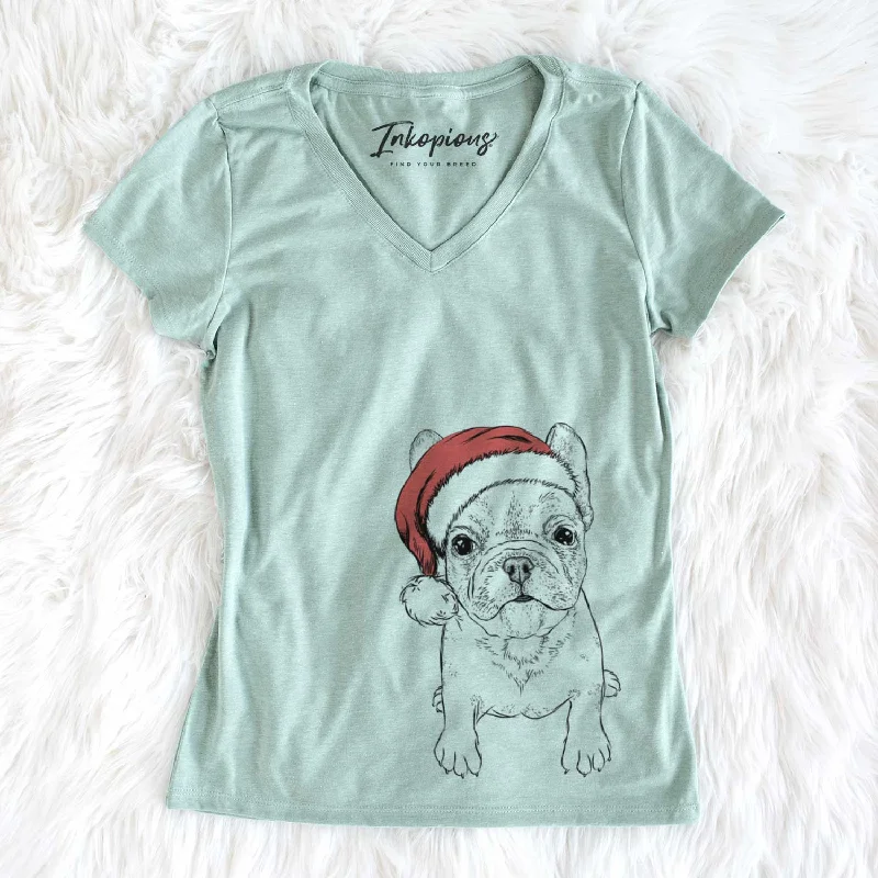 Santa Puppy Pierre the French Bulldog - Women's V-neck Shirt-- Polka Dot Checkered Tartan Santa Puppy Pierre the French Bulldog - Women's V-neck Shirt-- Polka Dot Checkered Tartan