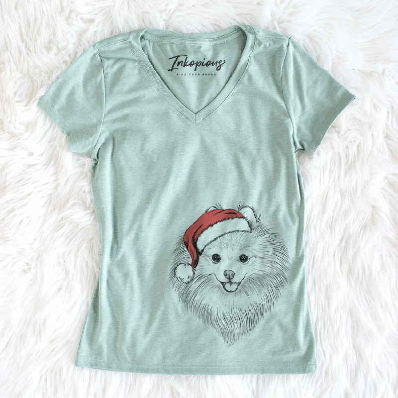 Santa GiGi the Pomeranian - Women's V-neck Shirt-- Notch Collar Peter Pan Collar Cowl Neck