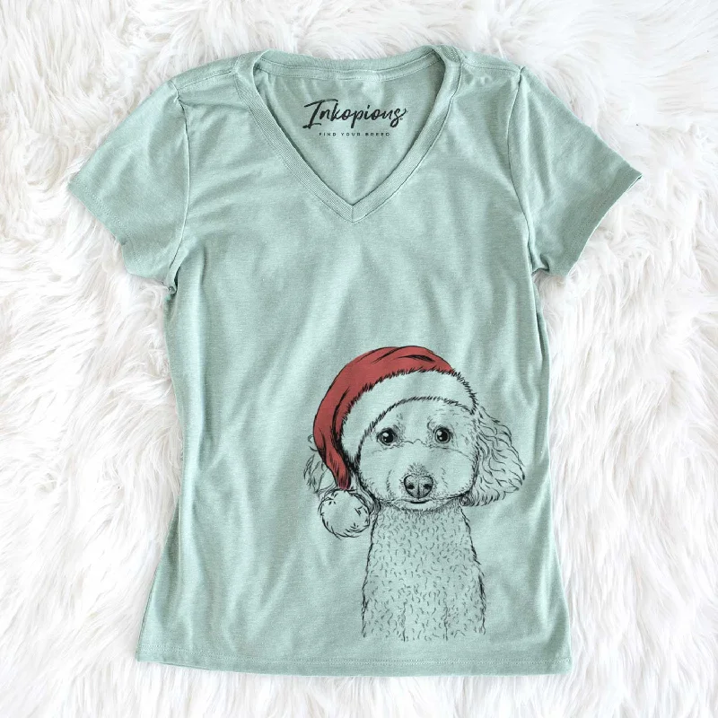 Santa Guinness the Toy Poodle Mix - Women's V-neck Shirt-- Embroidered Appliqued Beaded