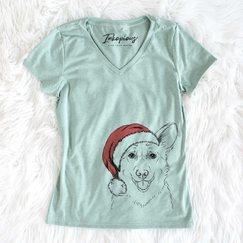 Santa Ricco the Corgi - Women's V-neck Shirt-- Anti-Pilling Machine Wash Handmade