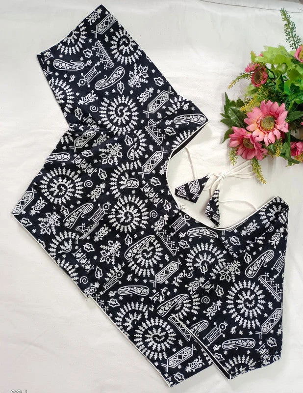 Women's Black Colour Cotton Readymade Blouse Floral Chiffon Blouse