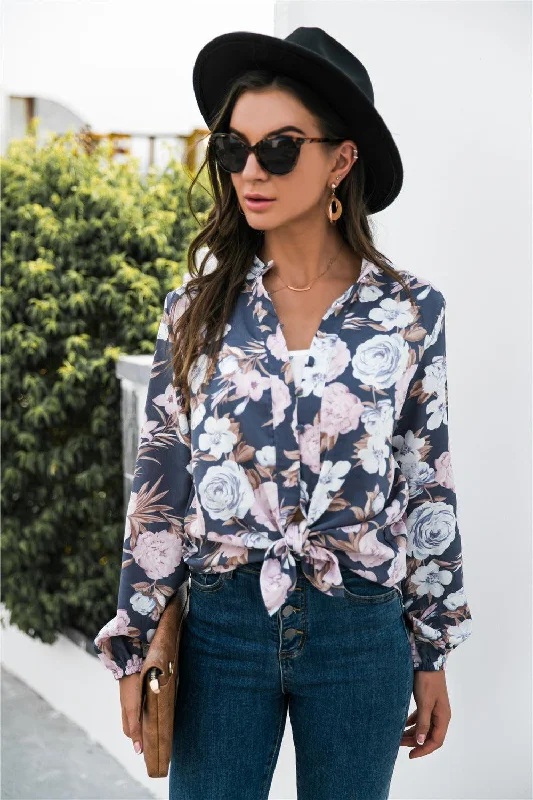 Floral Print Mock Neck Button Front Shirt-- Iron Safe Non-Iron Wrinkle Free