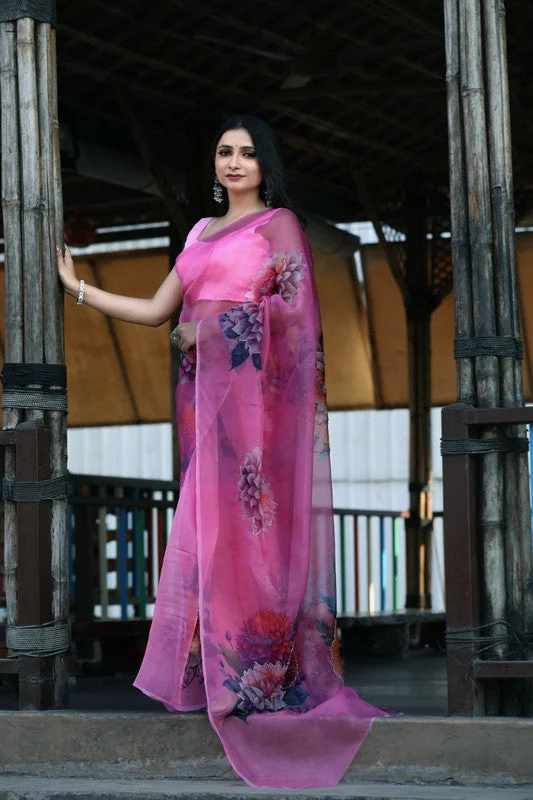 Women's Organza Digital print Hand Work Pink Saree With Blouse Piece Side Tie Blouse