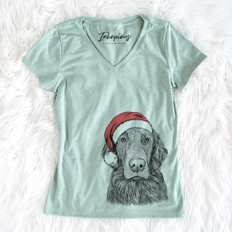 Santa Pippin the Flat Coated Retriever - Women's V-neck Shirt-- Nylon Fabric Polyester Fabric Spandex Fabric Santa Pippin the Flat Coated Retriever - Women's V-neck Shirt-- Nylon Fabric Polyester Fabric Spandex Fabric