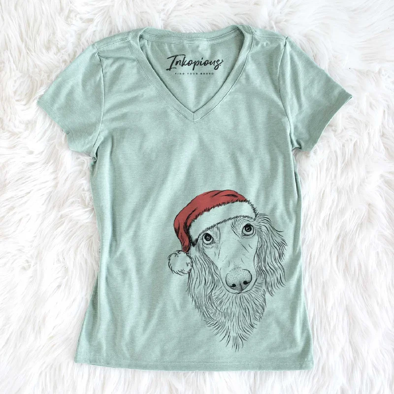 Santa Mr. Rusty the Long Haired Dachshund - Women's V-neck Shirt-- Notch Collar Peter Pan Collar Cowl Neck Santa Mr. Rusty the Long Haired Dachshund - Women's V-neck Shirt-- Notch Collar Peter Pan Collar Cowl Neck