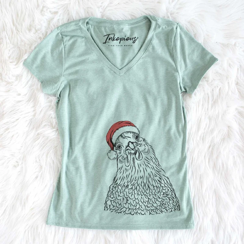 Santa Henrietta the Chicken - Women's V-neck Shirt-- Hooded Caped Shawl Collar