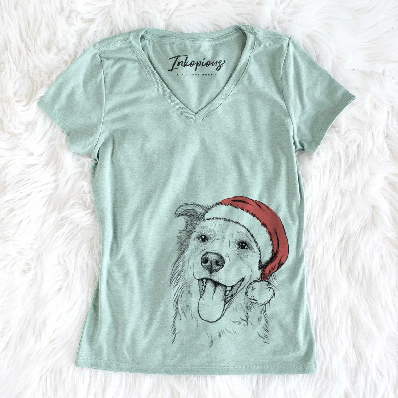 Santa Macaroni the Border Collie - Women's V-neck Shirt-- Houndstooth Herringbone Solid Santa Macaroni the Border Collie - Women's V-neck Shirt-- Houndstooth Herringbone Solid