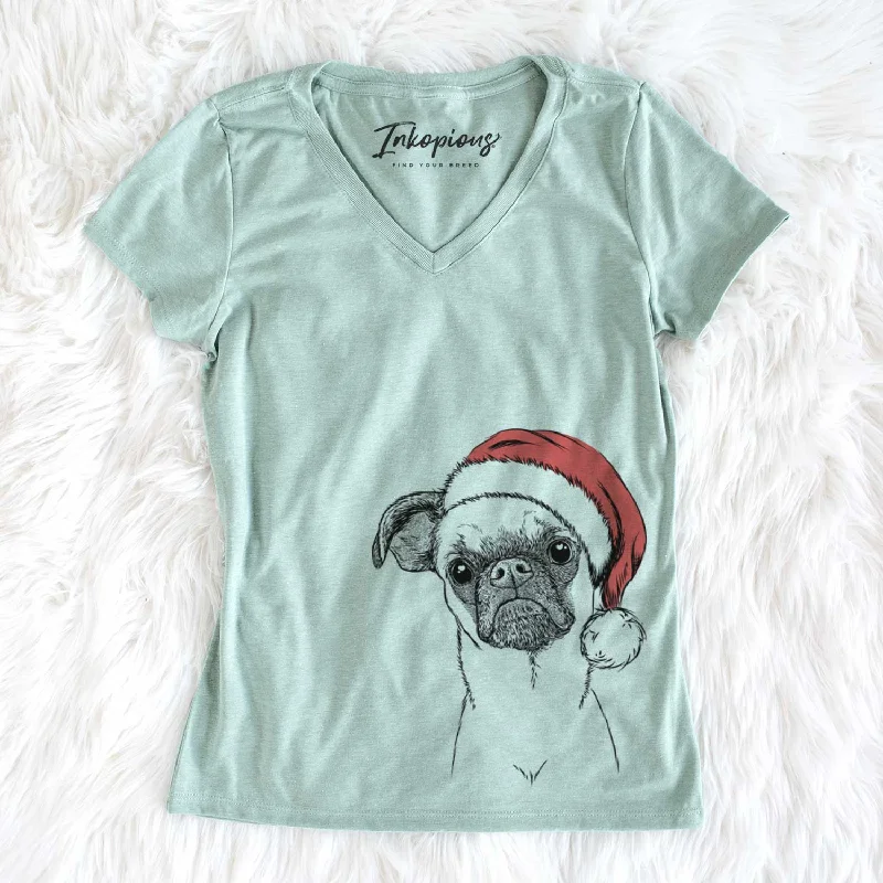 Santa Groot the Brussels Griffon - Women's V-neck Shirt-- Sequined Glittery Shiny
