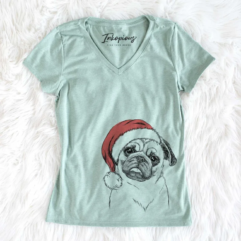 Santa Macy the Pug - Women's V-neck Shirt-- Lace Blend Ribbed Blend Corduroy Blend
