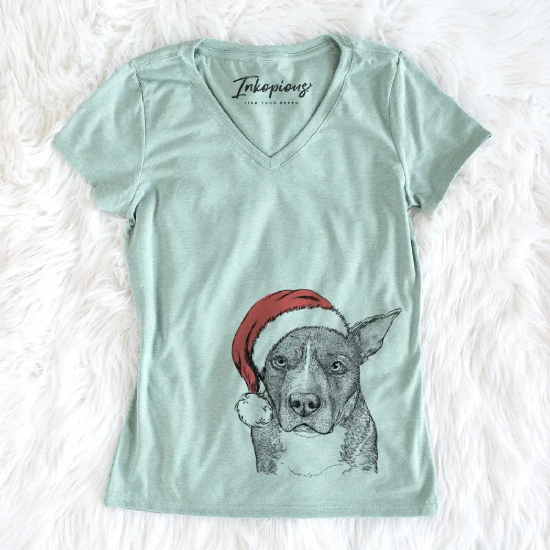 Santa Mercy the Pitbull - Women's V-neck Shirt-- Mesh Canvas Denim