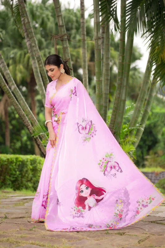 Women's Organza Digital print Hand Work Pink Saree With Blouse Piece Elegant Semi-Sheer Blouse