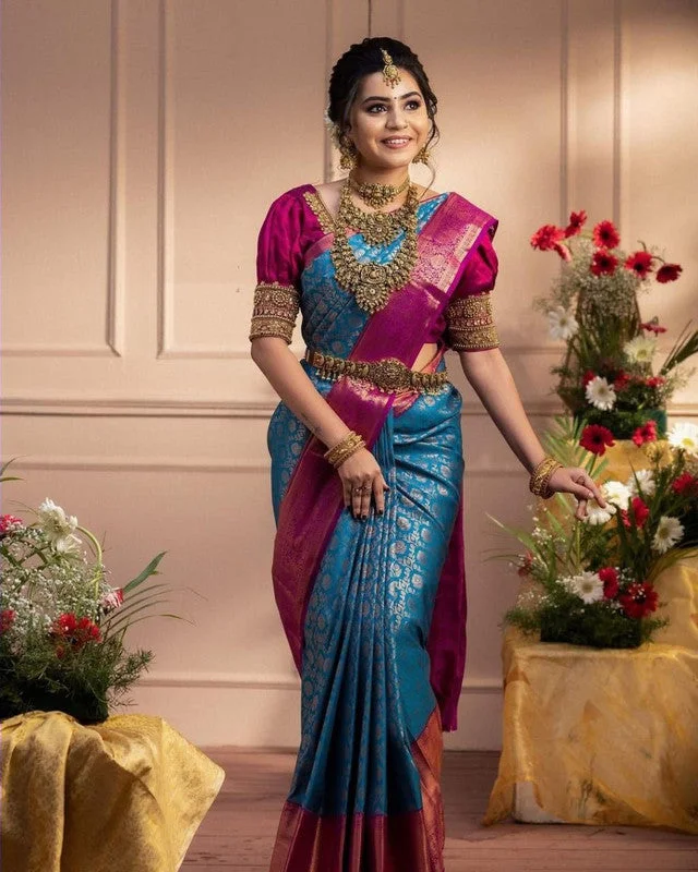 Women Banarasi Silk Woven Saree With Blouse Piece Playful Puff Blouse