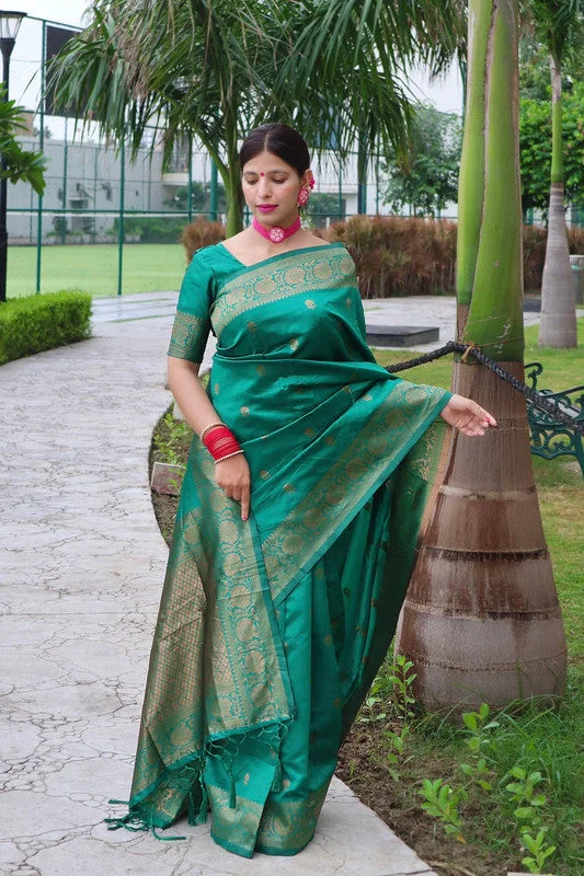 Women Banarasi Silk Woven Saree With Blouse Piece Feminine Satin Blouse