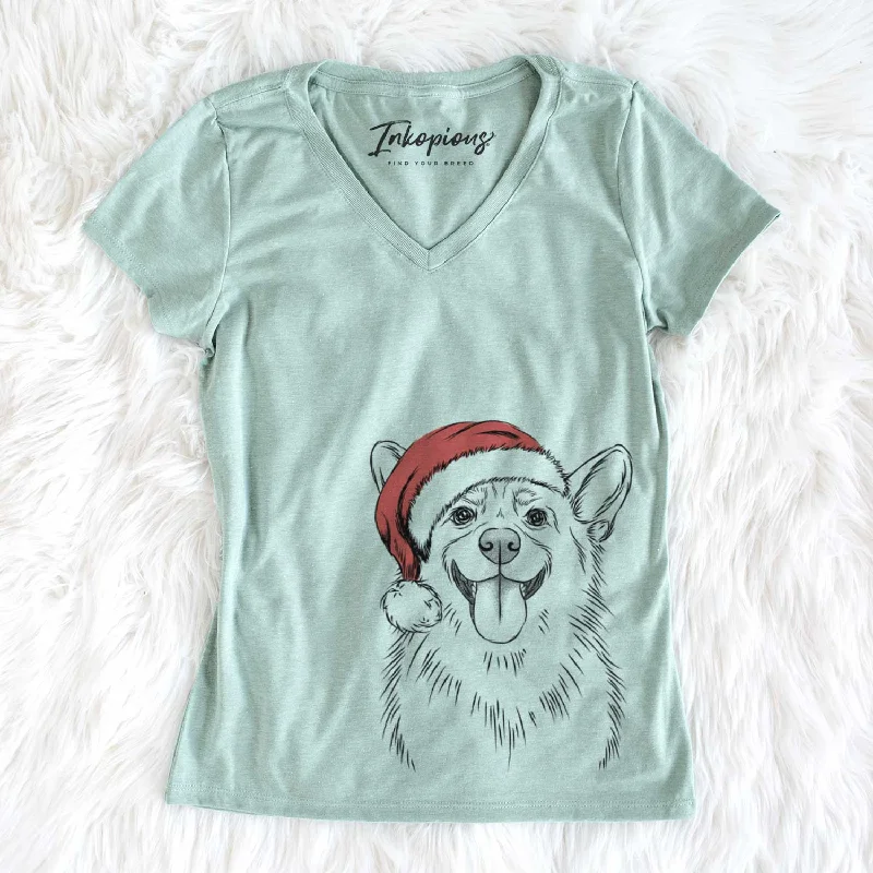 Santa Porter the Pembroke Welsh Corgi - Women's V-neck Shirt-- Zippered Front Buttoned Front Snap Front Santa Porter the Pembroke Welsh Corgi - Women's V-neck Shirt-- Zippered Front Buttoned Front Snap Front